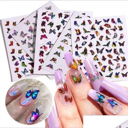 Stickers Decals 1Sheet Laser Colour Butterfly Nail Art Holographic 3D Gradient Butterflies Adhesive Nails Diy Manicure Decorations Dhdnc