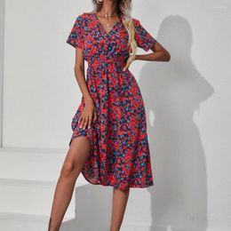 Casual Dresses Women Midi Dress Flower Print V Neck Short Sleeve High Tight Waist Knee Length Vintage Loose Hem Lady Dating Party