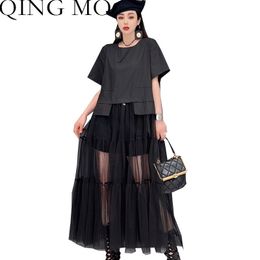 Urban Sexy Dresses QING MO Short Sleeve Dress Woman Summer The Fashion Leisure Loose Solid Colour Mesh Splicing Mid-length Dress LHX375A 230706