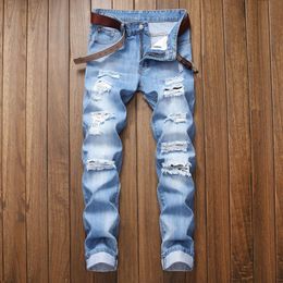 Mens Jeans Fall Wear Ripped Straight Fit Stretchless Fashionable Blue Casual Social Hip Hop Party High Quality Denim Pants 230706