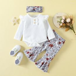 Clothing Sets Fashion Girls Pants Set Infant Baby Long Sleeve Romper Flower Print Flare Bowknot Headband 3pcs Clothes Outfits