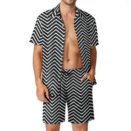 Men's Tracksuits Geometry Print Men Sets Black And White Line Casual Shorts Summer Trendy Fitness Outdoor Shirt Set Short Sleeve Oversized