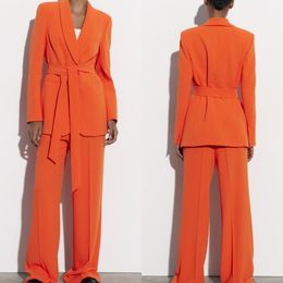 Women Plus Size Tuxedos 2 Pieces Orange Office Lady Blazer Suits Female High Waist Pants Custom Made