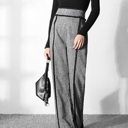 Women's Pants Grey Woolen Wide-leg For Ladies Fashion Design Contrast Color Professional Commuting Suit Trousers F1184