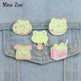 Frog Dessert Enamel Pins Custom Donut Juice Toast Hamburger Ice Cream Brooches Lapel Badges Animal Jewelry Gift for Kids Friends