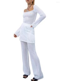 Women's Pants Knitted Solid Color High Waist Casual Party Street Spring Summer Beach Long White Straight Leg