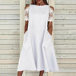 Casual Dresses White Summer For Women Hollow Out Lace Short Sleeve Holiday Party A-line Dress With Pockets Elegant Lady Midi Robe