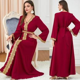 Ethnic Clothing Arrivals Dress For Women's Muslim Solid Color Stitching Basic Loose Embroidered Long Sleeve Dubai Middle Ea