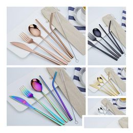 Flatware Sets Pcs 1Set Stainless Steel Cutlery Set Knife Fork Spoon St With Cloth Pack Kitchen Dinnerware Tableware Kit Setst2I55413 Dhetn