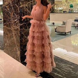 Party Dresses J1403 Summer Fashion Dusty Rose V-Neck Mesh Long Formal Women Evening Dresses/Wedding Prom Gowns Tiered