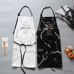 Kitchen Apron Cotton Apron Black White Marble Cooking Aprons For Men Women with Big Pocket Overalls Kitchen Baking Accessories R230707