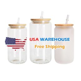 US CA Warehouse 16oz Sublimation Blanks Mugs Glass Beer Can Shaped Tumblers with Lid Straw Frosted Clear Cocktail Iced Coffee Soda Mason Jars JY07