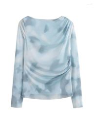 Women's Blouses Icclek MeshTops For Women 2023 Zat Ruched Tie Dyed Printed Vintage Mesh Long Sleeve Tops Female Spring Summer T Shirt Y2k