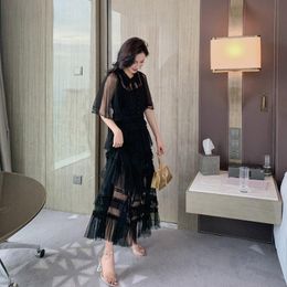 Suits 2022 Summer Ball Dress Fashion French Style Black Mesh Big Swing A Line Femal Event Clothing Sexy Event Ruffle Cake Dress Feme