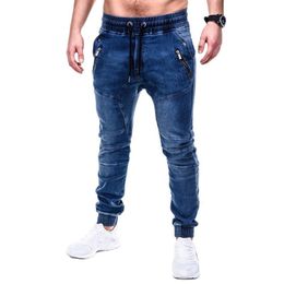 Mens Jeans Classics Blue Denim Cotton Pants Causal Vintage Cargo Drawstring Stretchy Pencil Male Zipper Ornament 230706