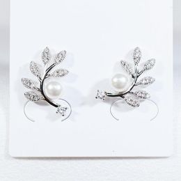 Stud Earrings Silver Color Cubic Zirconia Crystal Rhinestone Leaves Pearl For Girl Women Gift Party Birthday Wedding