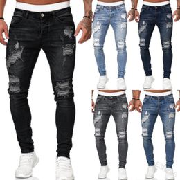 Mens Jeans Men Ripped Hole Denim Pants Pockets Button Skinny Long Trousers Mid Waist Hip Hop Punk SlimFit Casual Streetwear 230706