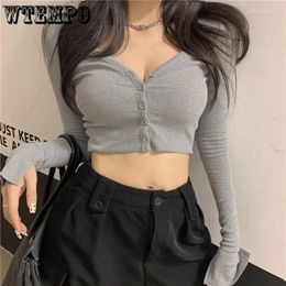 Women's Knits WTEMPO 2023 Spring Sexy Low-cut V-neck Long Sleeve Knitted Cardigans Women Short Thread T-Shirts Bottoming Shirts Tight Tops