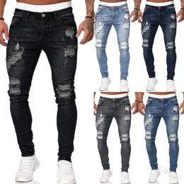 Men's Jeans Vintage Ripped Mens Washed Solid Colour Mid Waist Pencil Pants Plus Size Fashion Casual Slim Fit Denim Trousers