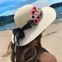 Wide Brim Hats Big Flower Straw Hat Women's Summer Fashion Floral Bow Sun Visor Foldable Outdoor Beach Travel Sunscreen