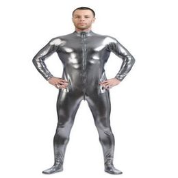 Metallic Silver grigio oro Abbigliamento da ballo attillato da uomo Shiny Metallic Unitard Zentai Suit Front Zip unisex 258L