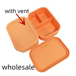 Wholesale Silicone Lunch with Vent Box Bento Box Kids Lunch Boxes Microwave OvenTravel Outdoors Portable Food Storage Container Rectangular Three-cell Container