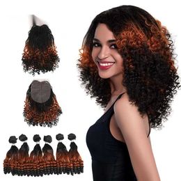 Synthetic Wigs Afro Kinky Curly Hair Bundles 14 Inch 7pieces/lot Upper Straight Lower Bend Synthetic Lace with Closure Fiber 230227