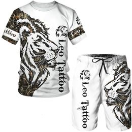Men's Tracksuits Summer Men's Animal Tattoo White Short Sleeve T-Shirt The Lion 3D Printed O-Neck Tees Shorts Suit Casual Sportwear Tracksuit Set 230707