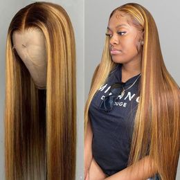 Straight Highlight Human Hair Ombre Brown Honey Blonde Brazilian Remy Lace 13x4 Lace Front Wigs For Women Pre Plucked