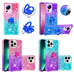 Metal Ring Quicksand Cases For Iphone 15 14 Pro Max Samsung S23 Plus A24 A04E A34 A54 A14 A13 360 Finger Heart Gradient Bling Liquid Soft TPU Holder Shockproof Covers