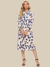 Basic Casual Dresses S.FLAVOR Women Printing Bow Collar Spring Dress Elegant Long Sleeve Chic A-line Dresses Female Retro Working Midi Vestidos 230707