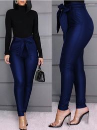 Women's Pants Women Pu Leather High Waist Bow Solid Color Long Pant 2023 Summer Casual Bodycon Trosers Fashion Street Office Pencil