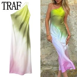 Basic Casual Dresses TRAF Tie Dye Long Dress Women Asymmertic Satin Backless Dress Woman Off Shoulder Sexy Evening Party Dresses Midi Summer Dresses 230707