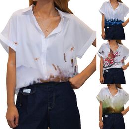 Women's Blouses Fashion Turn Down Collar White Print Shirt For 2023 Women's Summer Ink Painting Short Sleeve Blouse Office Casual Loose