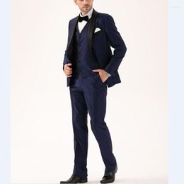 Men's Suits Custom Made Groomsmen Navy Blue Groom Tuxedos Shawl Black Lapel Men Wedding Man ( Jacket Pants Vest Tie ) C818