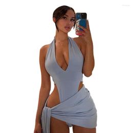 Casual Dresses Backless Elegant Bodysuit Hip Skirt Suit Off Shoulder Summer Dress Hollow Sexy Slim Halter Solid Night Club Women