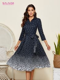 Basic Casual Dresses S.FLAVOR Single Button Star Print Gradual Midi Dresses For Women Elegant 34 Sleeve Slim Retro A-line Vestidos 230707