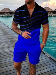Mens Tracksuits Summer Men Tracksuit Polo Shirt Shorts Set Curve Line Beach Trun Down Collar Zipper Suit Oversized Casual Outfit Streetwear Blue 230706