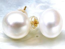 Stud Earrings 18K Solid Yellow Gold Earring Genuine 9-10mm White Bread Pearl