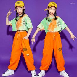 Stage Wear Hip Hop Girls Dance Costume Jazz Performance Clothes Crop Tops Orange Pants Street Ballroom Practise Rave BL8003