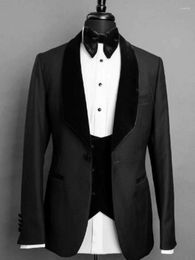 Men's Suits Custom Made Men Black Groom Tuxedos Shawl Velvet Lapel Groomsmen Wedding Man ( Jacket Pants Vest Tie ) C952