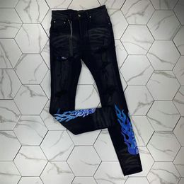 HM535 High quality Mens jeans Distressed Motorcycle biker jean Rock Skinny Slim Ripped hole stripe Fashionable snake embroidery De2129