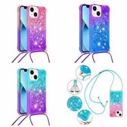 Quicksand Cases For Iphone 15 14 Pro Max Samsung S23 Plus A24 A04E A34 A54 A14 A13 Gradient Liquid Soft TPU Holder Shockproof Cover Crossbody Strap Shoulder Lanyard