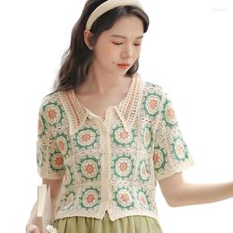 Women's Blouses Short Sleeve Crochet Openwork Knit Blouse Cardigan V-Neck Button Crop Top For Women Girls