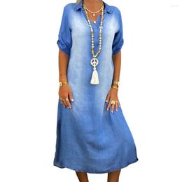 Casual Dresses Vintage Denim Dress Women Shirt Summer Fashion Short Sleeve Maxi Robe Turn-Down Neck A Line Sundress