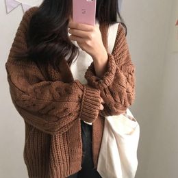 Sweaters Women's Brown Oversized Knit Cardigan Long Sleeve Sweater Jacket Winter Fashion Simple Thick Warm Haruku Vintage Office Lady