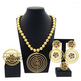 Necklace Earrings Set Fashion Gold Plated Women Jewellery Colourful Stone Round Pendant Beads Wedding Large Ring
