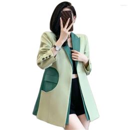 Women's Suits Spring Summer Mid-Long Suit Jacket Women 2023 Loose Fashion Blazer Vintage Green Splicing Outwear Single Buckle Coat Female