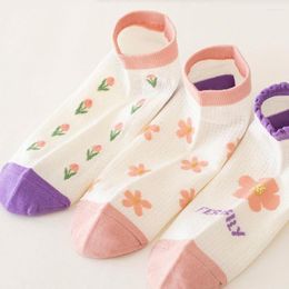 Women Socks Pink And Purple Cute Flowers Mesh Ankle No Show Low Cut Thin Breathable Casual Cotton Sock