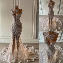 Sexy Sheer Neck Mermaid Wedding Dresses Sparkly Lace Appliques Plus Size Sweep Train Garden Country Bridal Party Gowns Robe 322